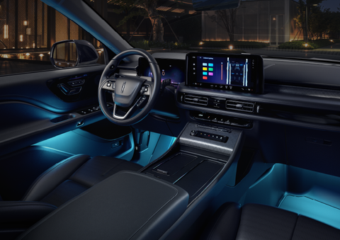 Deep blue ambient lighting glows from various places within a 2025 Lincoln Aviator® SUV. | Mark Ficken Lincoln in Charlotte NC
